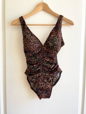 Vintage 90s Miraclesuit One Piece Swimsuit Animal Leopard Print Size 8 Ruched